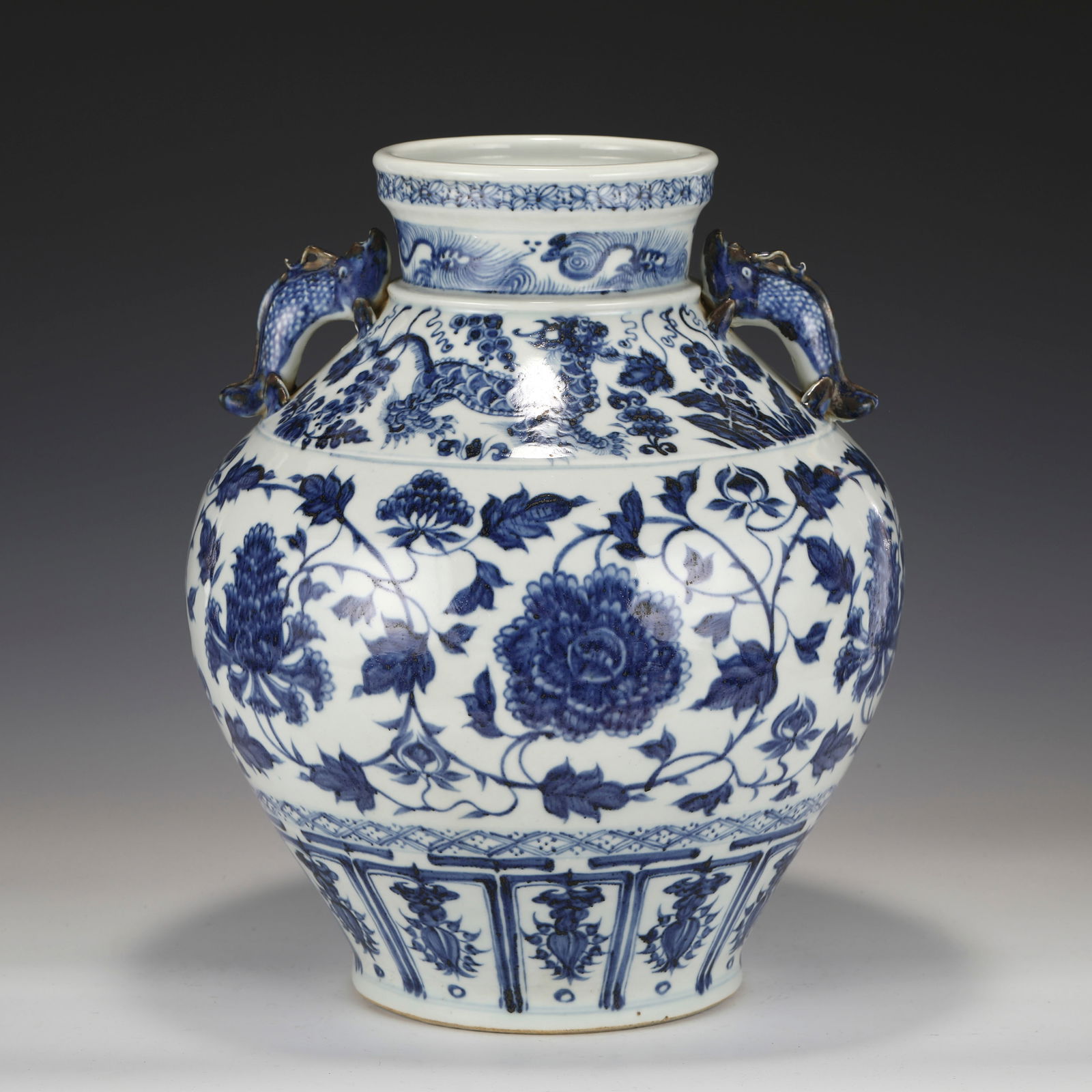 YUAN BLUE & WHITE AMPHORA JAR: PROVENANCE: From The Estate of FAIRMONT FARMS MANSION, within the city of Fairmont, West Virginia, September 1940, by E. T. NEWELL & Co, Inc. , Auctioneers, 710 N. Howard ST, Baltimore, MD. (322) Orie