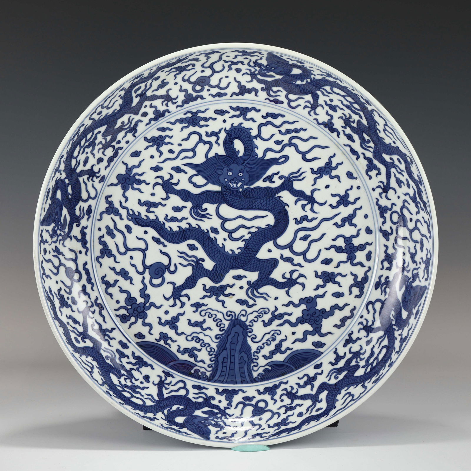 JIAJING BLUE & WHITE DRAGON PORCELAIN PLATE ON STAND (1 of 9)