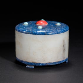 A LAPIS INLAID WHITE JADE BOX WITH COVER
