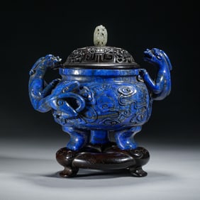 A CARVED LAPIS CHILONG CENSER