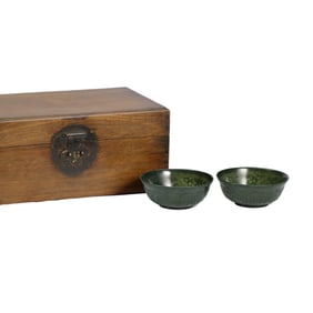PAIR FINE CARVED SPINACH GREEN JADE BOWL MUGHAL STYLE