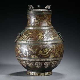 A GOLD AND SILVER DECORATED BRONZE VESSEL HU