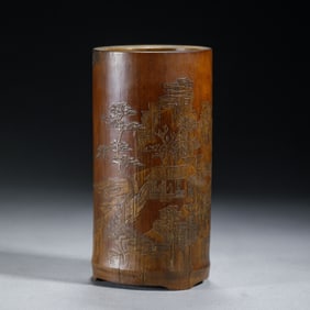 A CHINESE CARVED BAMBOO BRUSHPOT