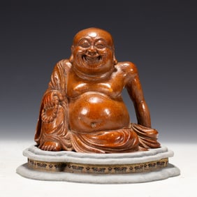 A BAMBOO CARVING MAITREYA BUDDHA STATUE