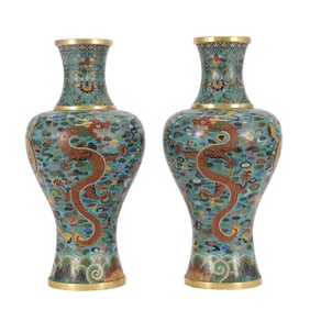 PAIR CHINESE CLOISONNE ENAMEL DRAGON VASES