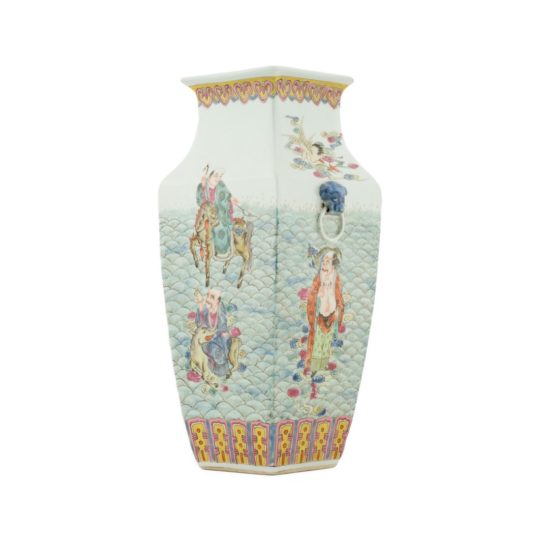 FINE FAMILLE ROSE EIGHT IMMORTALS VASE: Measurements: Height: 14-7/8" Diameter: 6-7/8" Chinese famille rose Eight Immortals porcelain vase. Stoutly potted of squared baluster body, with cornered shoulder gently waisted toward flaring rim