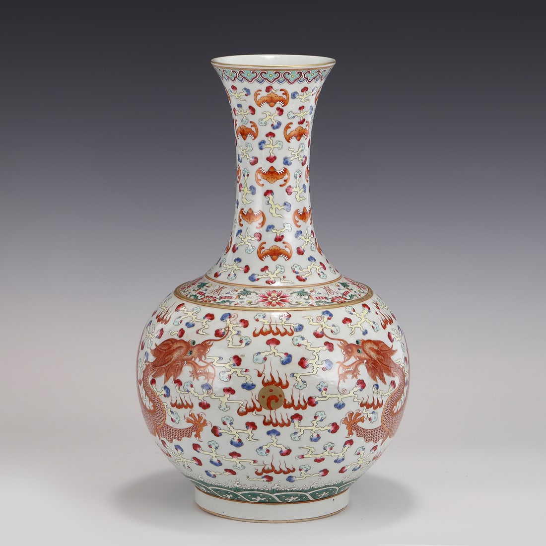 QING FAMILLE ROSE RED DRAGON & FLAMES REWARD VASE: PROVENANCE: Newnan, Georgia, Private Collector. Measurements: Height: 39 cm, Diam.: 23cm Chinese Qing Famille Rose Red Dragon & Flames Reward Vase, GuangXu Mark.
