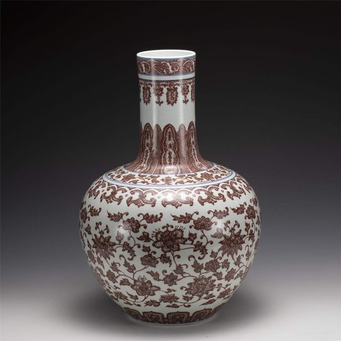 QING QIANLONG UNDERGLAZE RED CELESTIAL VASE: Measurements: Length: 40 cm, Height: 58 cm Chinese Qing Dynasty Qianlong Underglaze Red Porcelain Celestial Vase. Potted in celestial shape vase, thick and tall, globular lower body, cylindrical neck,