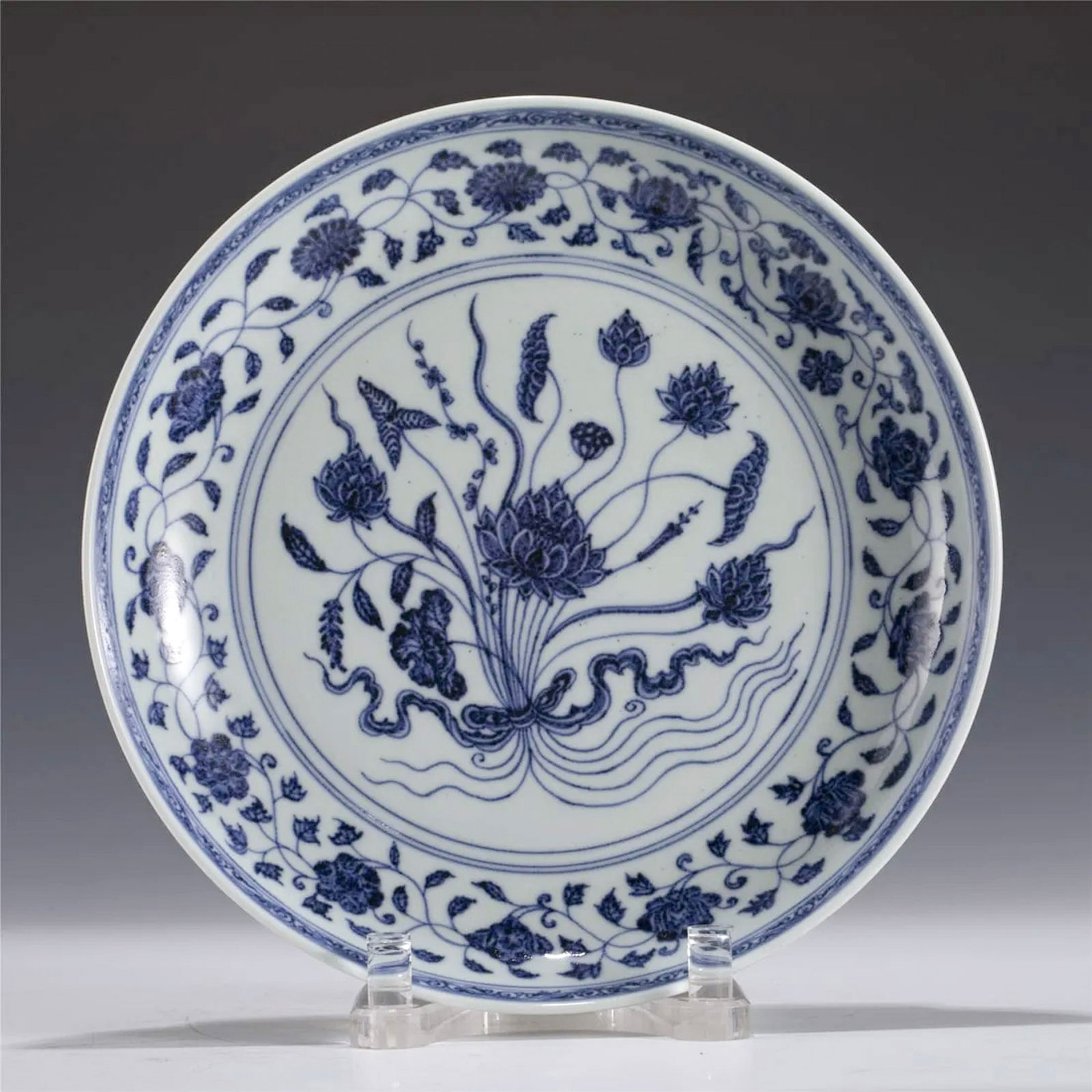 MING BLUE & WHITE PLATE: Measurements: Length: 32cm, Width: 32cm, Height: 5.5cm Chinese Ming Dynasty Blue and White Flower Porcelain Dish Plate. The plate has a broad wide central interior, rounded mouth lip, thick and large,