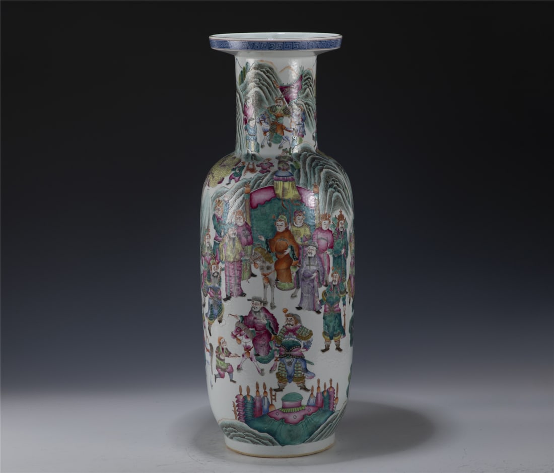 PAIR OF WUCAI MALLET ROULEAU VASES: Measurements: Length: 23cm, Width: 23cm, Height: 61cm Pair Chinese Qing Dynasty Wucai Porcelain Mallet Bottle. Potted in large mallet bottle shape vase, tall thick and large, globular oval body