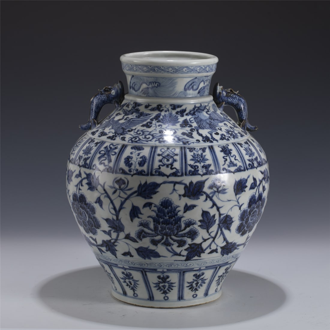 YUAN BLUE & WHITE LOTUS JAR: Measurements: Length: 32.2cm, Width: 32.2cm, Height: 38.4cm Chinese Yuan Dynasty Blue and White Lotus Porcelain jar. Potted with a large cylinder vessel, having thick and tall potted body and