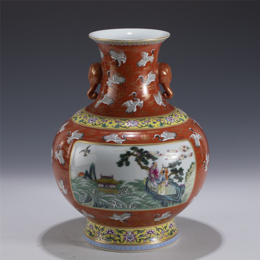 QIANLONG FAMILLE ROSE VASE: Measurements: Length: 26.2cm, Width: 26.2cm, Height: 34.8cm Chinese Qing Dynasty Qianlong Famille Rose Porcelain Amphora Vase. Potted in a amphora shaped vase, thick and tall, globular body, enlarge o