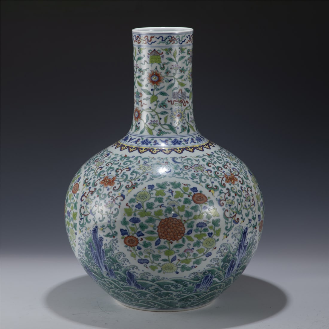 QIANLONG DOUCAI LOTUS CELESTIAL VASE: Measurements: Length: 37.8cm, Width: 37.8cm, Height: 51.2cm Chinese Qing Dynasty Qianlong Doucai Lotus Porcelain Celestial Vase. Potted in celestial shape vase, thick and tall, globular lower body,