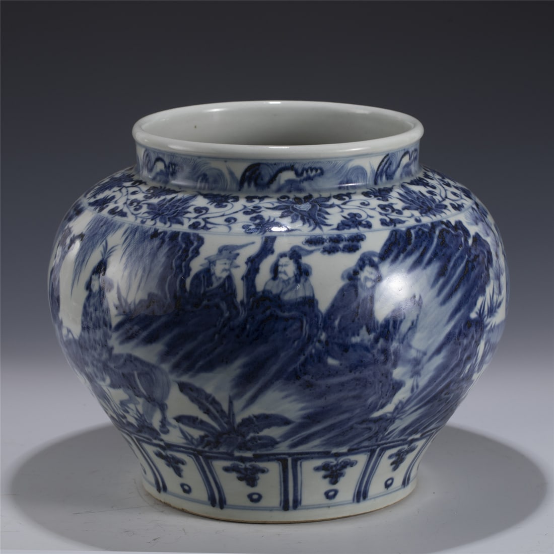 YUAN BLUE & WHITE JAR: Measurements: Length: 34.5cm, Width: 34.5cm, Height: 27.8cm Chinese Yuan Dynasty Blue and White Porcelain Jar. Potted with a large cylinder vessel, having thick and tall potted body and sturdily,