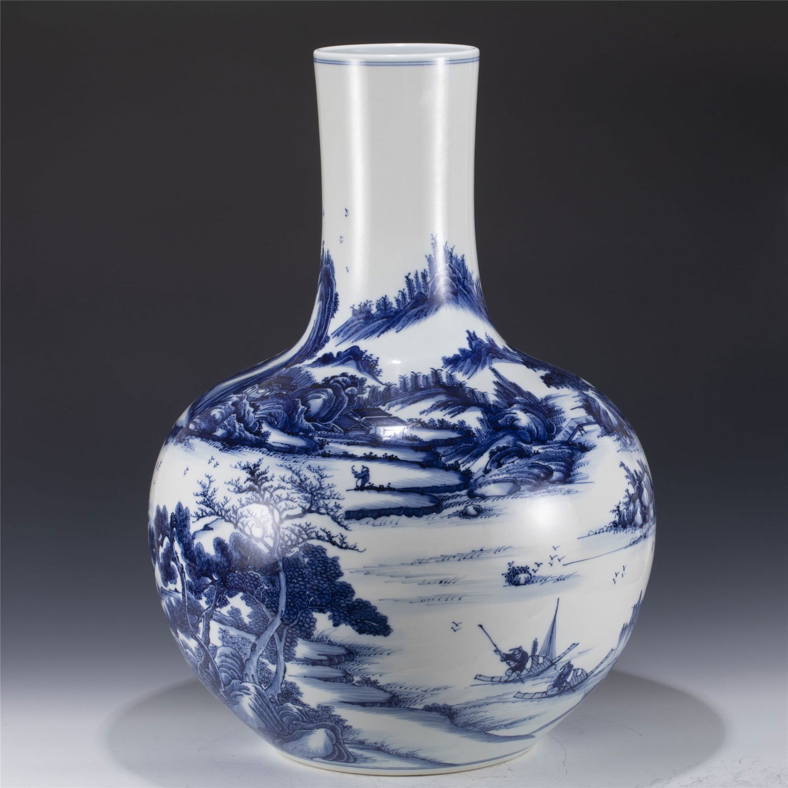 QING QIANLONG BLUE AND WHITE BIG SKY BALL: Dimensions: Length: 50 cm, Width: 50 cm, Height: 69.7 cm Chinese Qing Dynasty Qianlong Blue and White Porcelain Big Sky Ball Vase. The Vase potted in celestial shape vase, thick and tall, globular