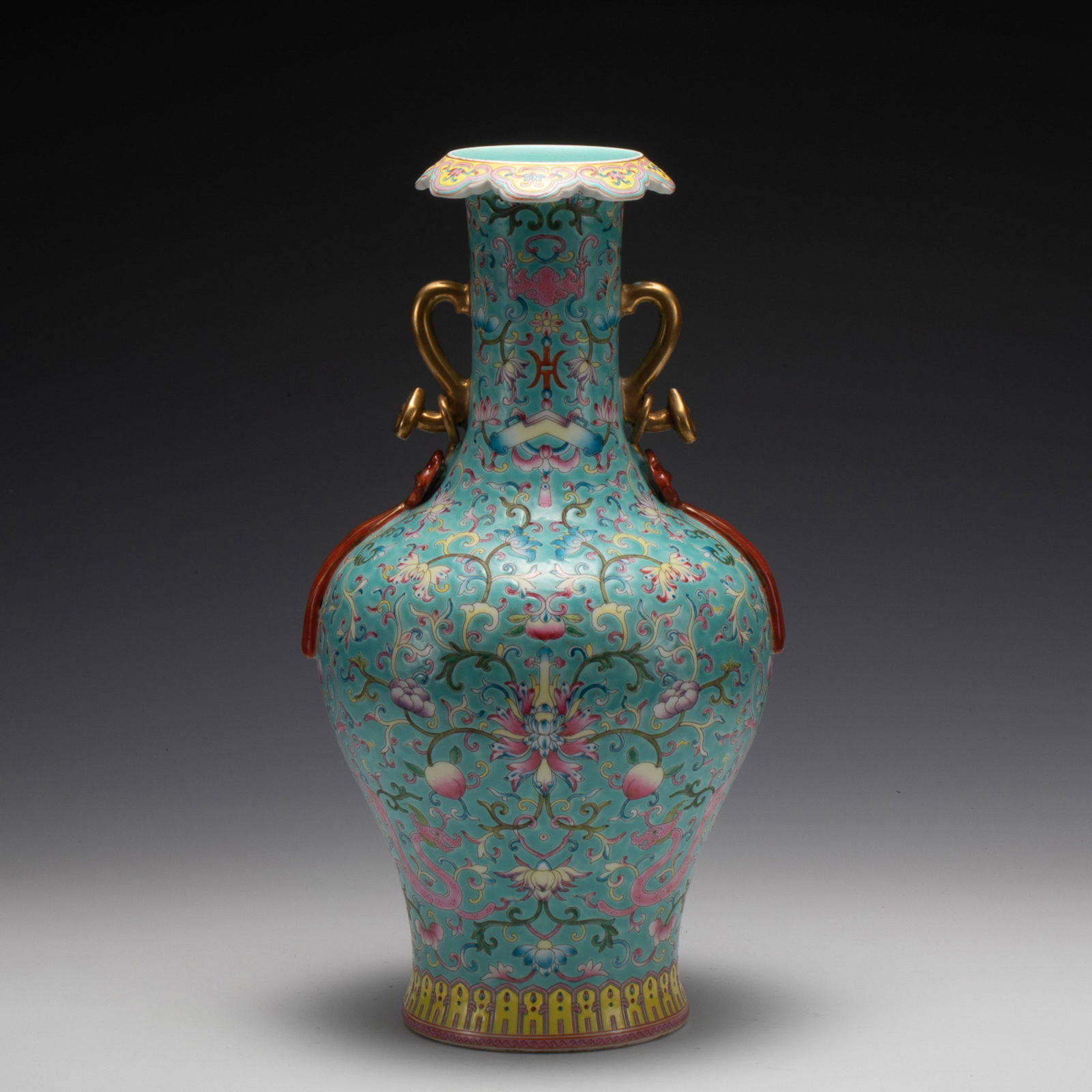 QING QIANLONG FAMILLE ROSE AMPHORA VASE: Dimensions: Width: 18.5 cm x Heigth: 36 cm Chinese Qing Dynasty QianLong Famille Rose Lotus Porcelain Amphora Vase. The porcelain potted into large vase, wide body on shoulder, emerging lingzhi mushro
