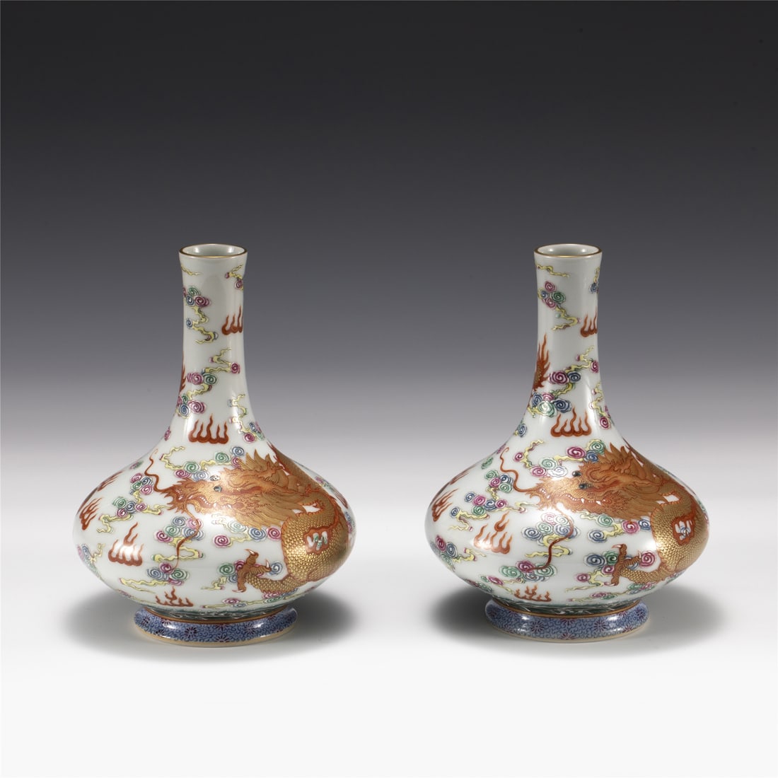 PAIR OF QING YONGZHENG FAMILLE ROSE PORCELAIN VASES: Dimensions: Width: 12.2 cm, Height: 16 cm Pair of Chinese Qing Dynasty Yongzheng Famille Rose Porcelain Vases. Potted in shape vase, thick and tall, globular lower body, cylindrical neck, flaring