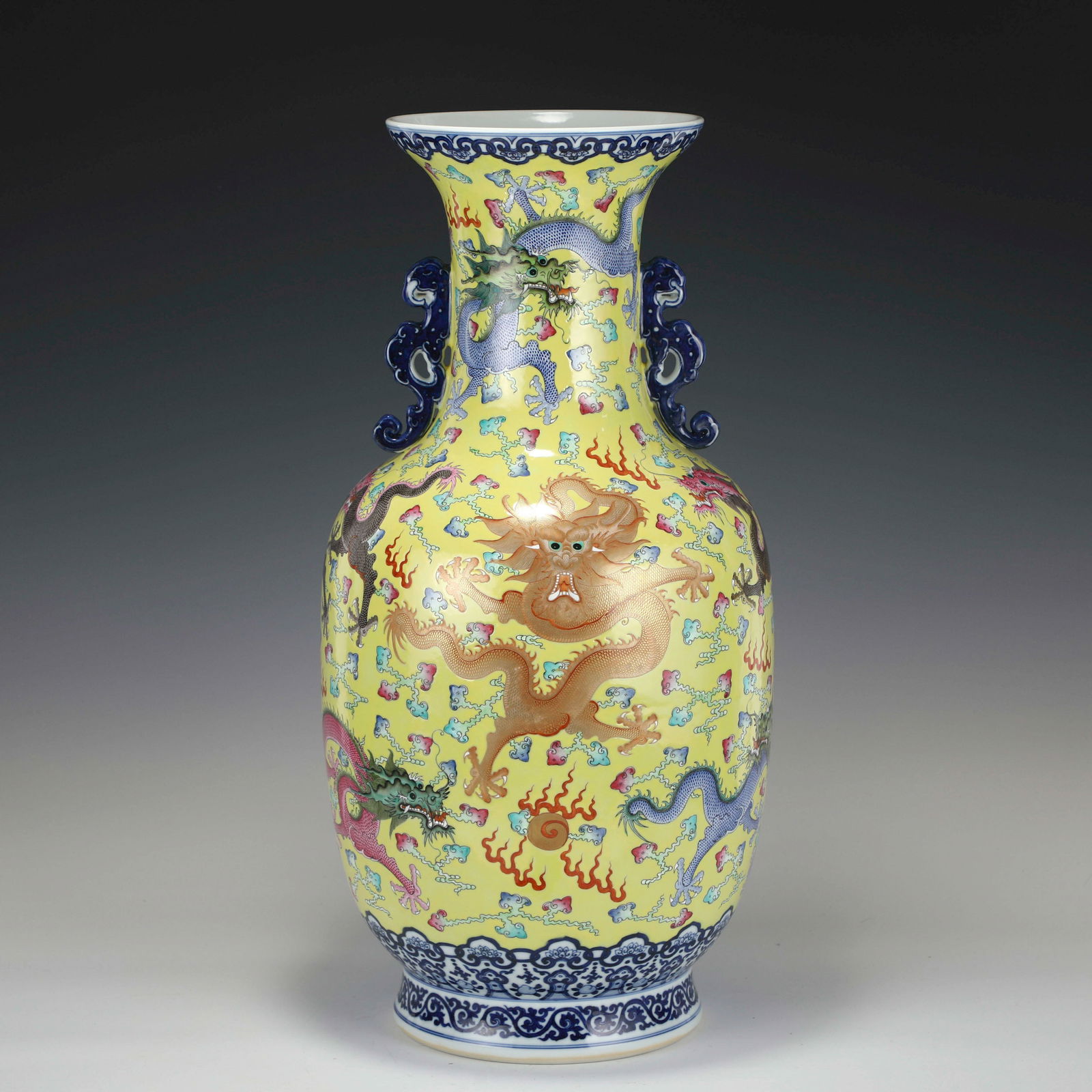 QING QIANLONG FAMILLE ROSE DRAGON AMPHORA VASE: Dimensons: Width: 28cm, Height: 58cm Chinese Qing Dynasty Qianlong Famille Rose Dragon Porcelain Large Vase. The porcelain potted in shape vases, large thick and tall, globular mid body, flaring mouth