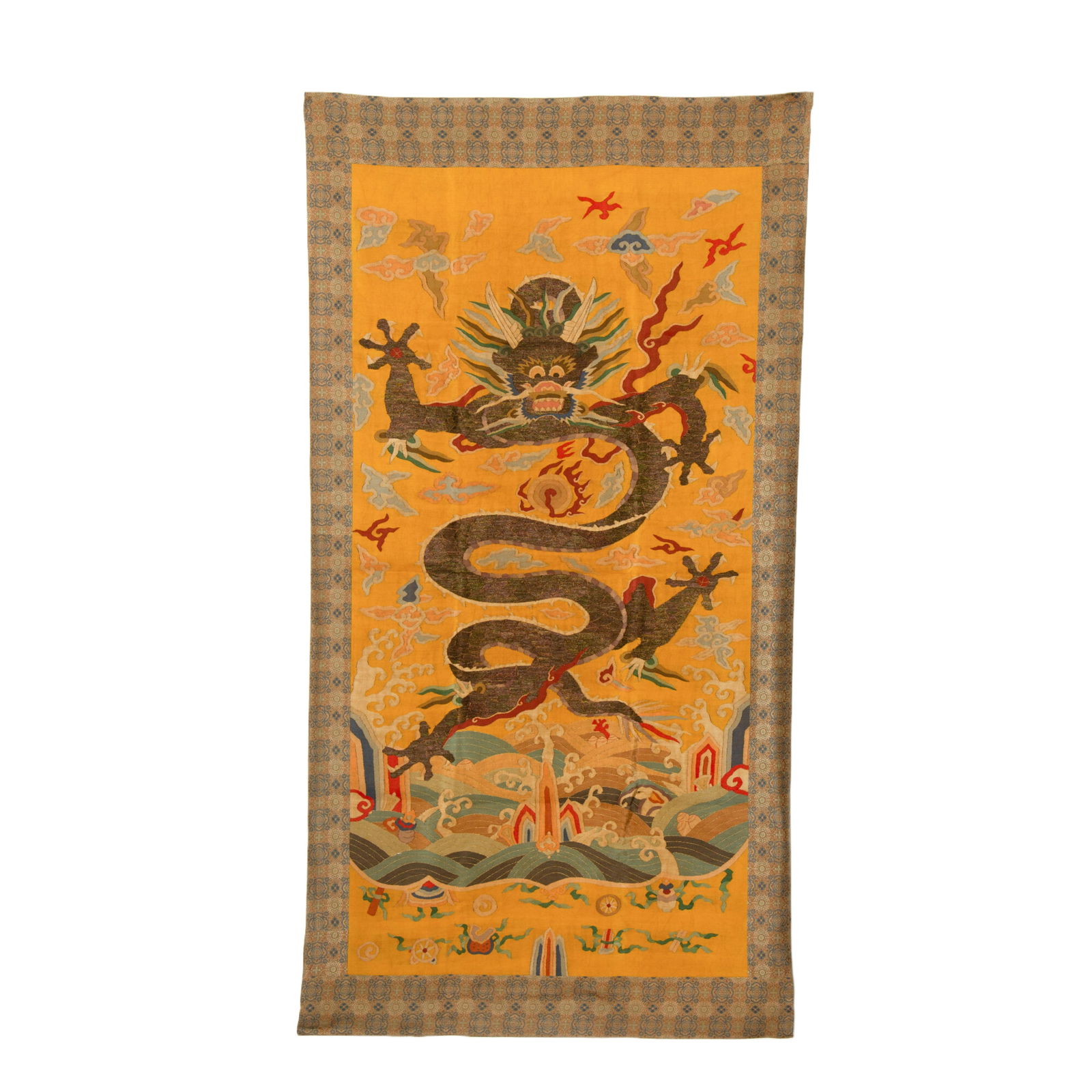 CHINESE KESI PEACOCK FEATHER DRAGON PANEL: Dimensions: L. 170 cm. W. 90 cm. This magnificent Chinese kesi (tapestry) silk panel features a dynamic five-clawed dragon rendered with peacock feather threads and richly hued silk on a imperial yell