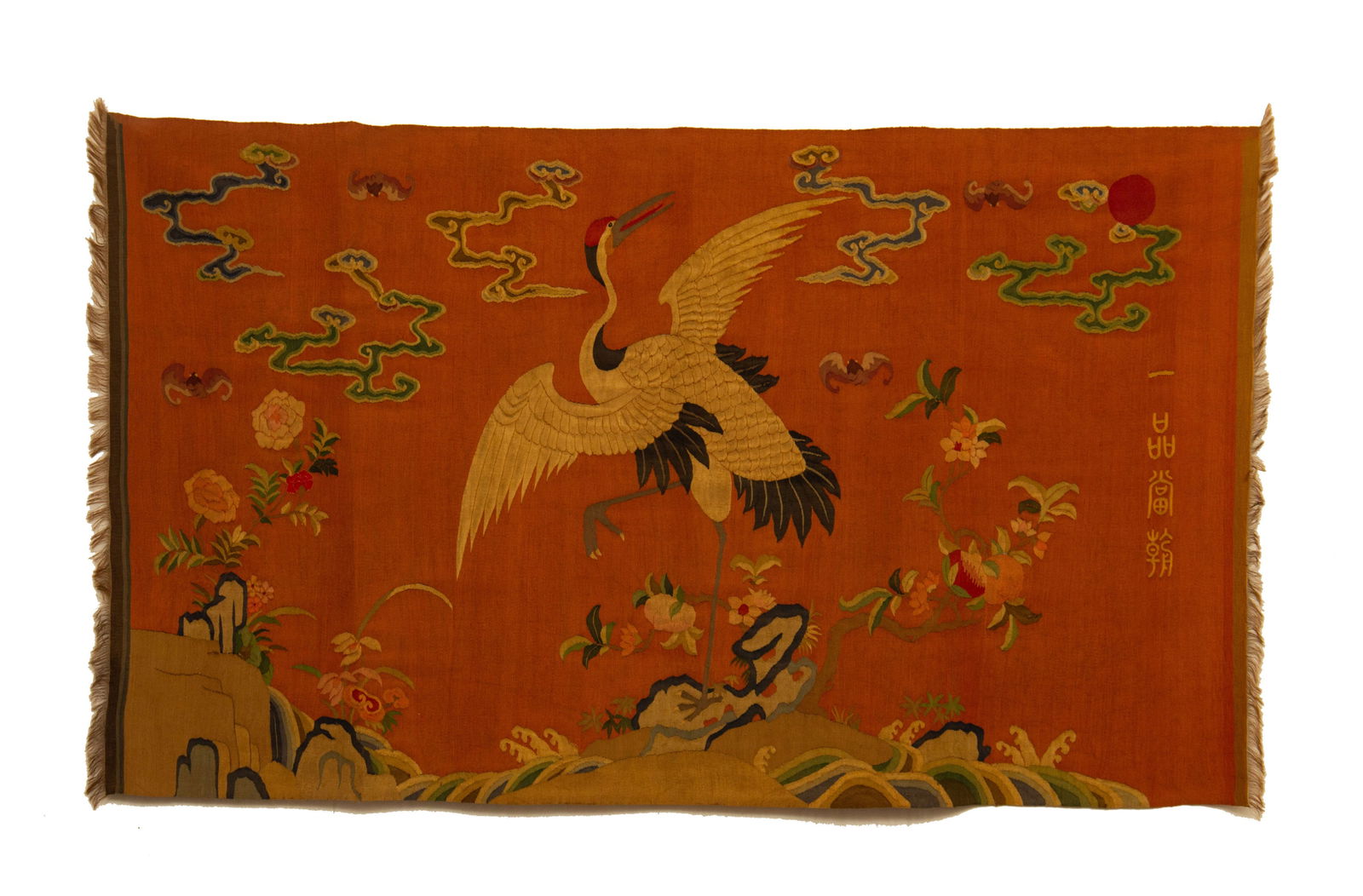 CHINESE KESI SILK CRANE TAPESTRY: Dimensions: L. 114 cm. W. 67 cm. This exquisite Chinese kesi (tapestry) silk panel features the "First Rank at Court" motif, centered on a gracefully rendered red-crowned crane in flight against a war