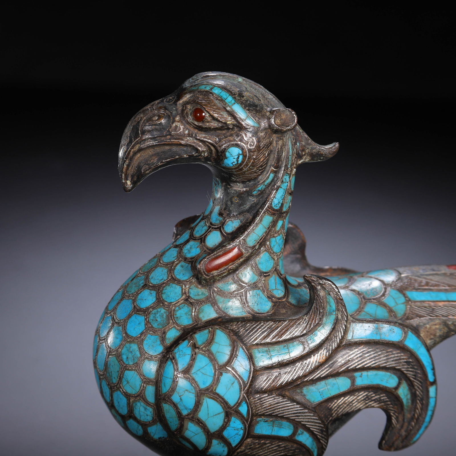 CHINESE BRONZE BIRD WITH TURQUOISE & INLAY - 2
