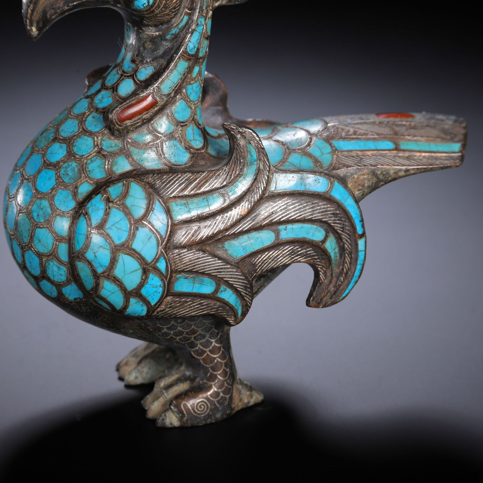 CHINESE BRONZE BIRD WITH TURQUOISE & INLAY - 3