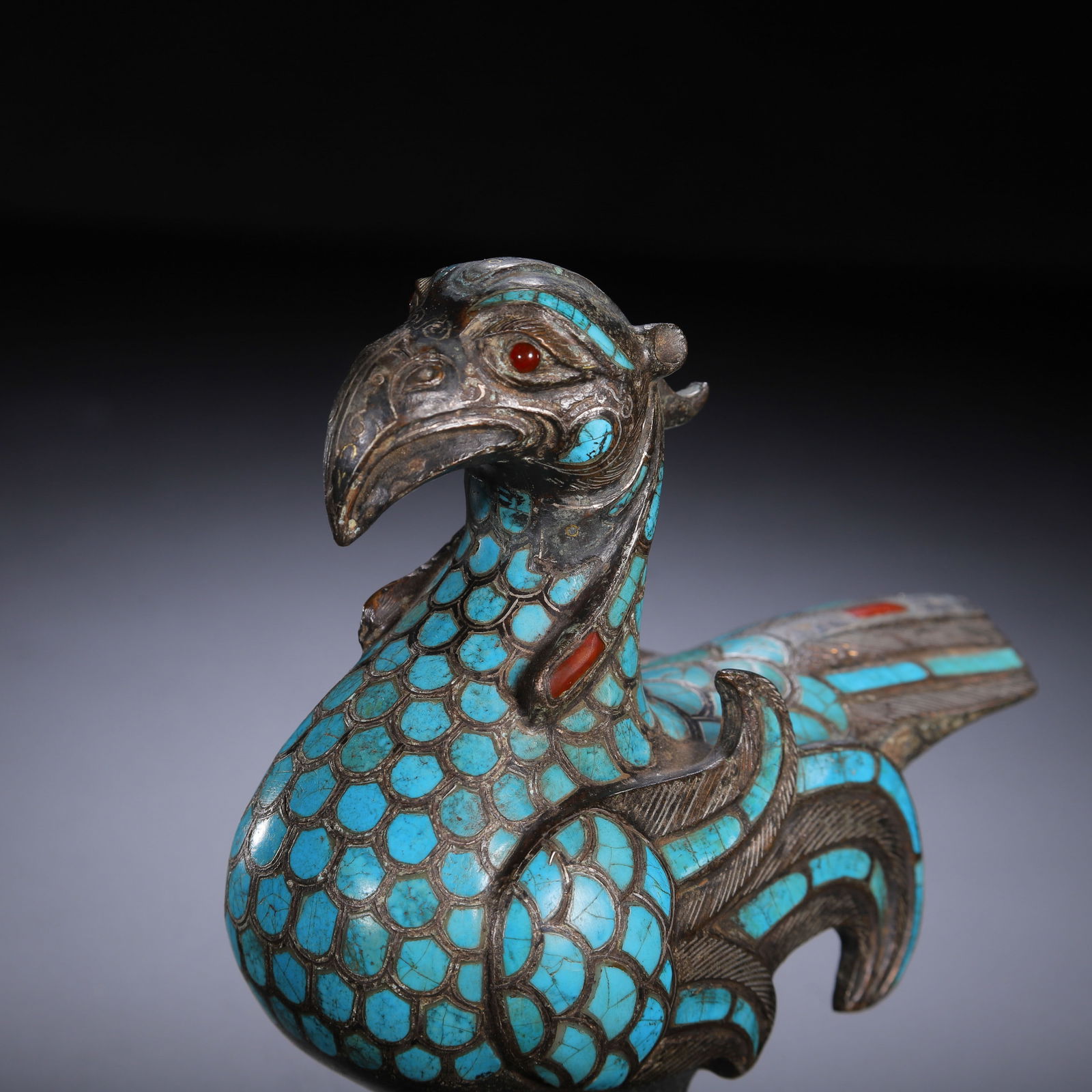 CHINESE BRONZE BIRD WITH TURQUOISE & INLAY - 5