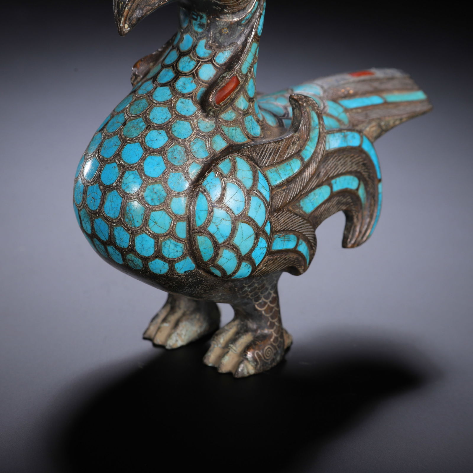CHINESE BRONZE BIRD WITH TURQUOISE & INLAY - 6