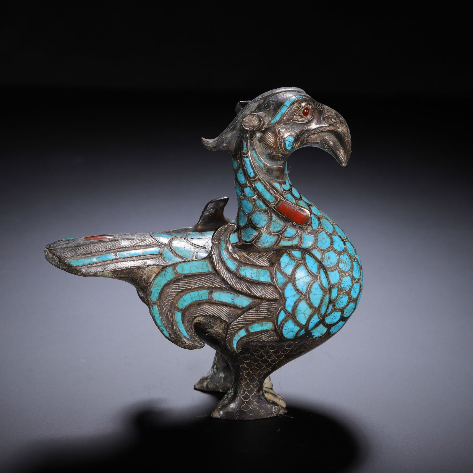 CHINESE BRONZE BIRD WITH TURQUOISE & INLAY - 7