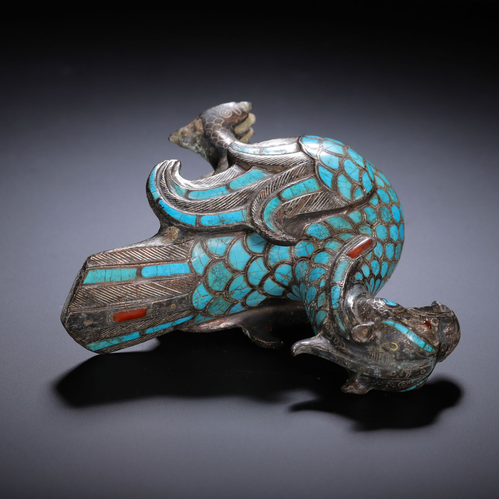 CHINESE BRONZE BIRD WITH TURQUOISE & INLAY - 8
