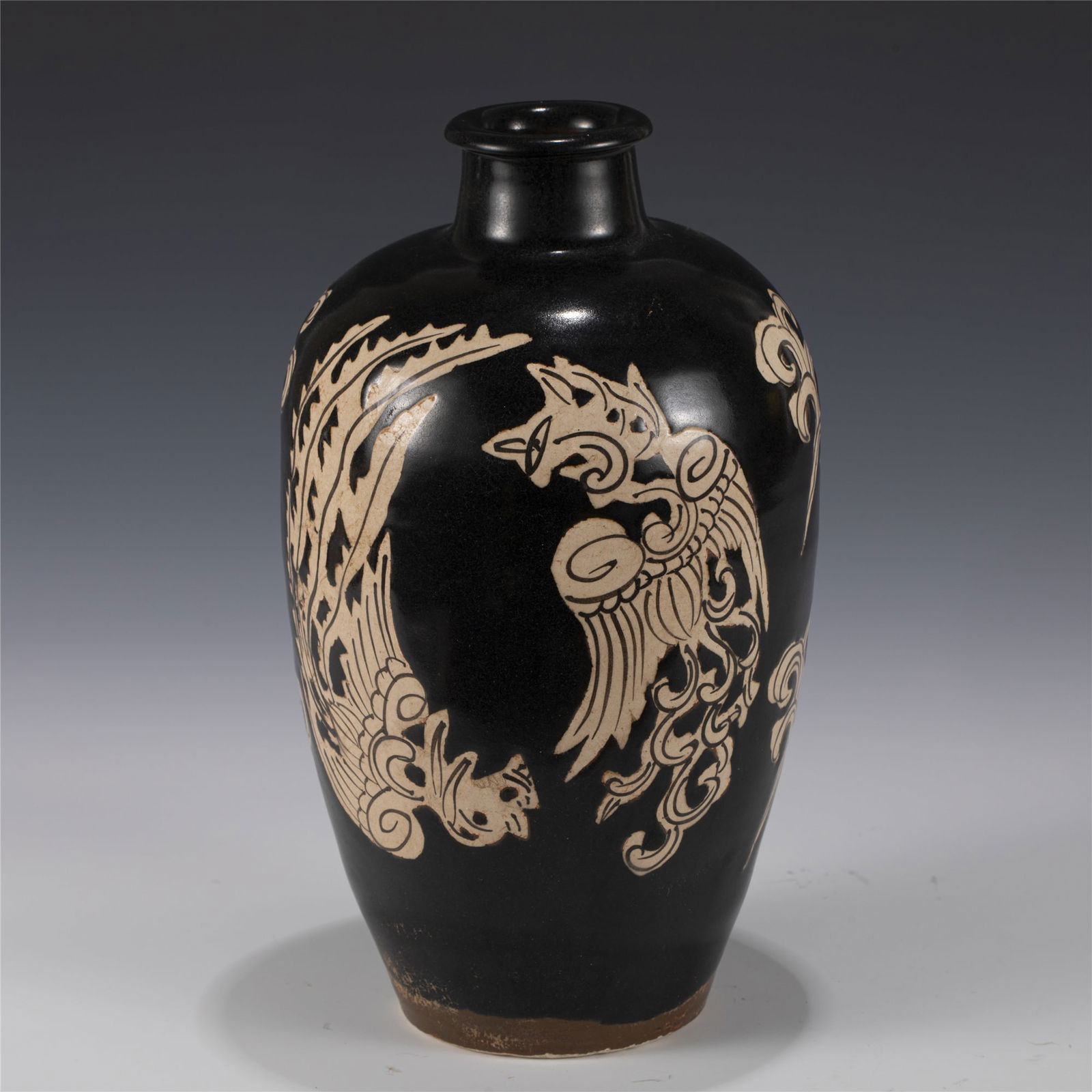 SONG CIZHOU WARE PLUM VASE: Measurements: Length: 15.5 cm, Width: 15.5 cm, Height: 27.4 cm Song Dynasty Cizhou Kiln Porcelain Plum Vase. Potted into a traditional Meiping form, large, thick and tall potted, wide body on shoulder