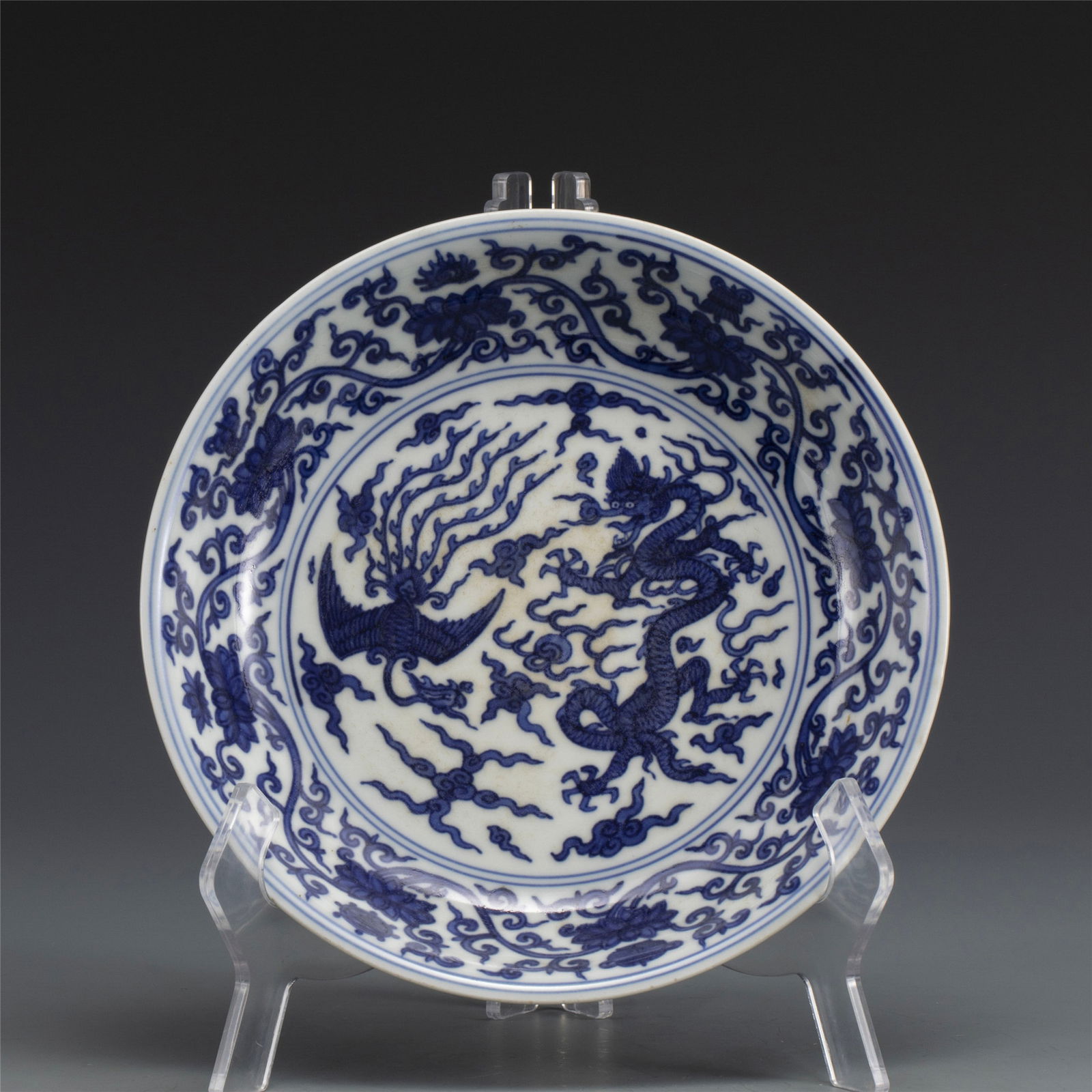 MING WANLI BLUE & WHITE PHOENIX DRAGON PLATE (1 of 8)