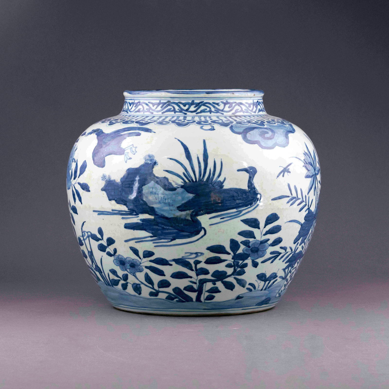 MING BLUE & WHITE DUCK POND JAR: Measurements: H 51.75cm , W 36.5cm , D 36.5cm Chinese Ming Dynasty Period, blue & white duck pond porcelain jar. The porcelain potted in jar shape, having a thick potted body, sturdily potted in a