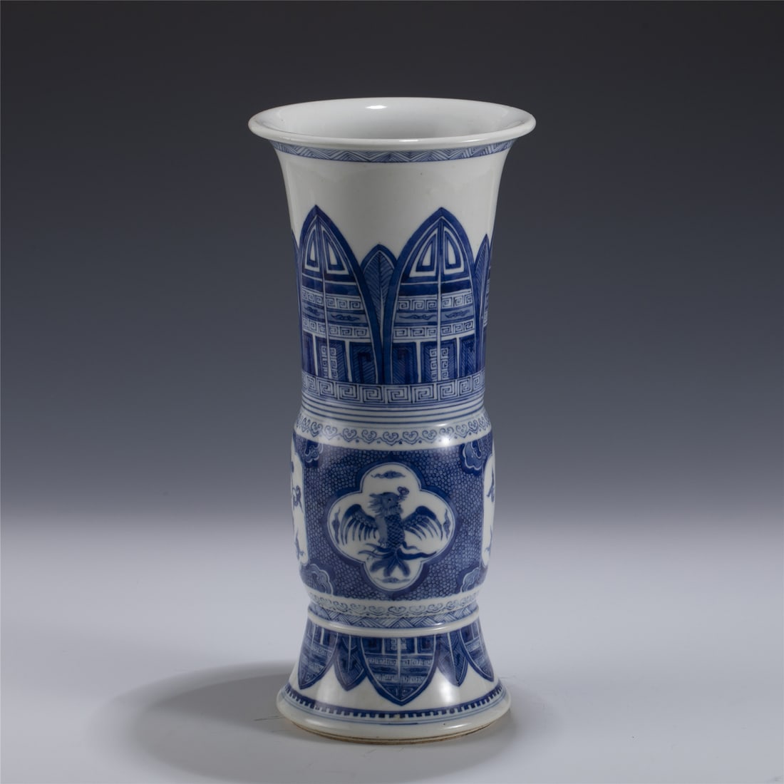 BLUE & WHITE FLOWER MUSHROOM: Measurements: Length: 15.7cm, Width: 15.7cm, Height: 34.2cm Chinese Qing Dynasty QianLong Blue and White Porcelain Beaker Vase. Potted in a traditional Gu shape vase, baluster shaped body, with
