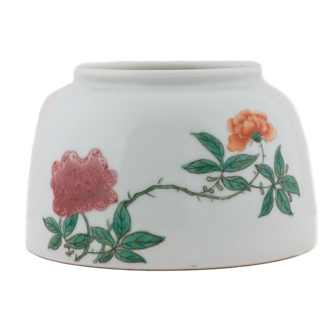 QING FAMILLE ROSE BRUSH WASHER: Measurements: Height: 3-1/4" Diameter: 4-1/2" Chinese Qing Dynasty famille rose porcelain brush washer. Potted in a compressed bulbous form, rounded shoulder terminating the short prominent neck towar