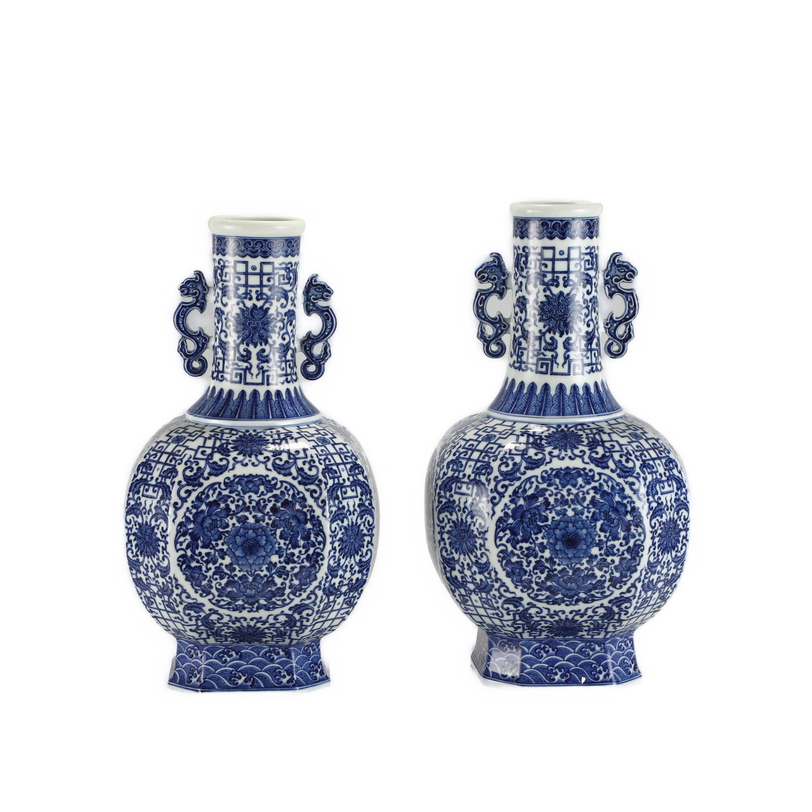 QING QIANLONG BLUE AND FLOWER GRASS DRAGON EAR VASES (1 of 10)