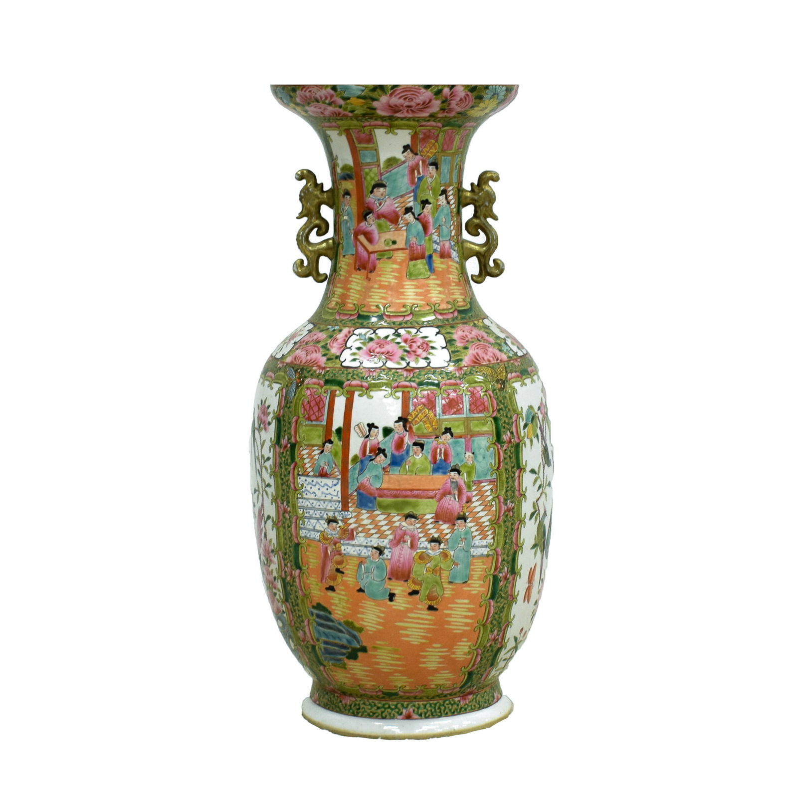 ROSE MEDALLION CANTON FLOOR VASES: Dimensions: 26-1/4" H x 10" Diam. Chinese rose medallion Canton floor vase. Of an oval baluster form vase with tall belly, wider to the round shoulder, gently raised a prominent cylindrical neck towar