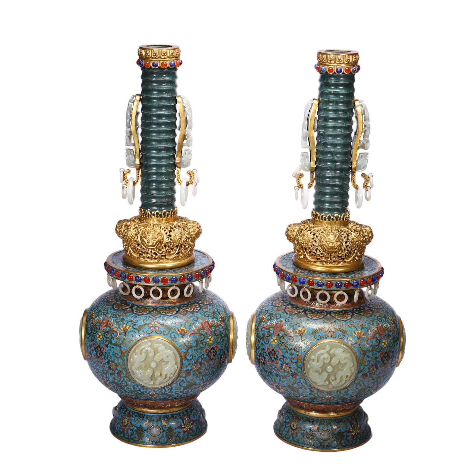 CHINESE CLOISONN? AND WHITE JADE VASE PAIR: Dimensions: Diam. 24 cm. H. 59 cm. A fine pair of Chinese cloisonn? vases inset with Hetian white jade, each with a diameter of 24 cm and height of 59 cm. The globular bodies feature intricate cloison