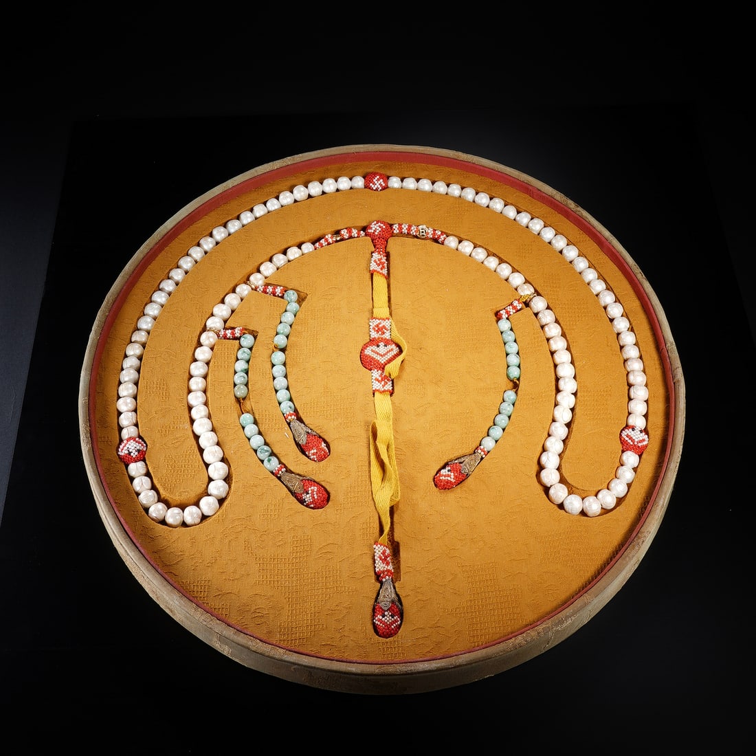 CHINESE EASTERN PEARL 108 COURT NECKLACE: Dimensions: Diam. 1.2 cm. Weight 353 grams. This Chinese court necklace (chaozhu) features 108 Eastern pearl beads (1.2 cm in diameter) with turquoise spacer beads and tourmaline pendants, weighing 35