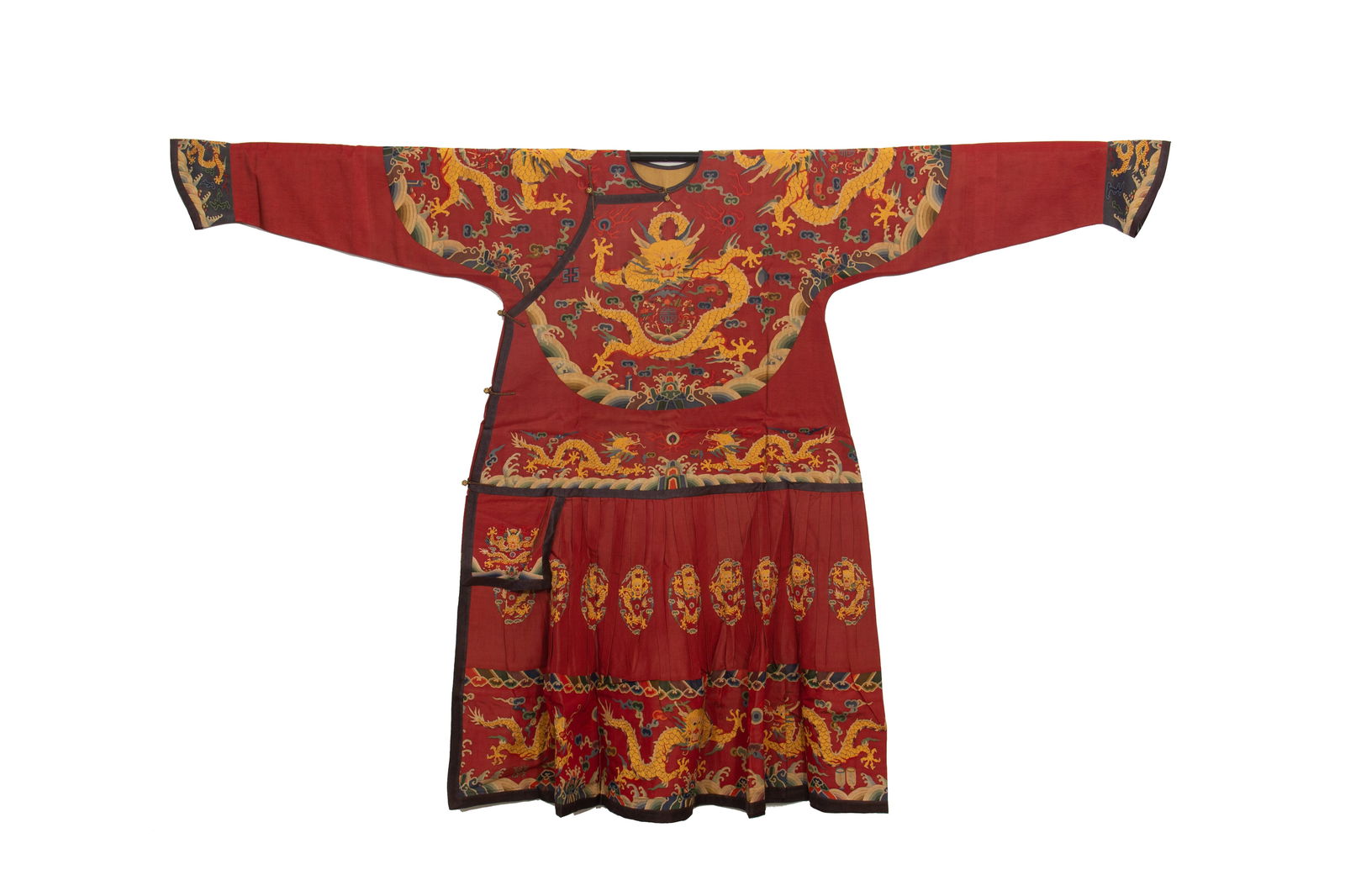 CHINESE KESI DRAGON SILK ROBE: Dimensions: W. 216 cm. H. 148 cm. This resplendent Chinese kesi (tapestry) silk court robe features a rich red silk ground intricately woven with gilt-thread five-clawed dragons amidst cloud and wave