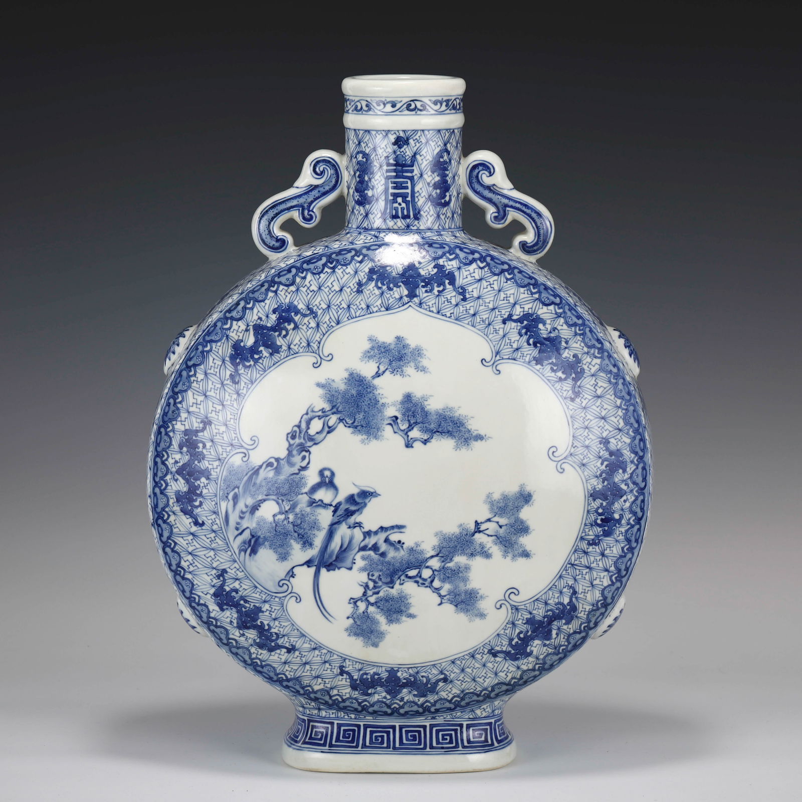 QING QIANLONG BLUE & WHITE MOON VASE: PROVENANCE: From St Matthew, Kentucky, Private Collectors.. Dimensons: Length: 36cm, Width: 18cm, Height: 50cm. Chinese Qing Dynasty Qianlong Blue and White Porcelain Moon Vase. The porcelain