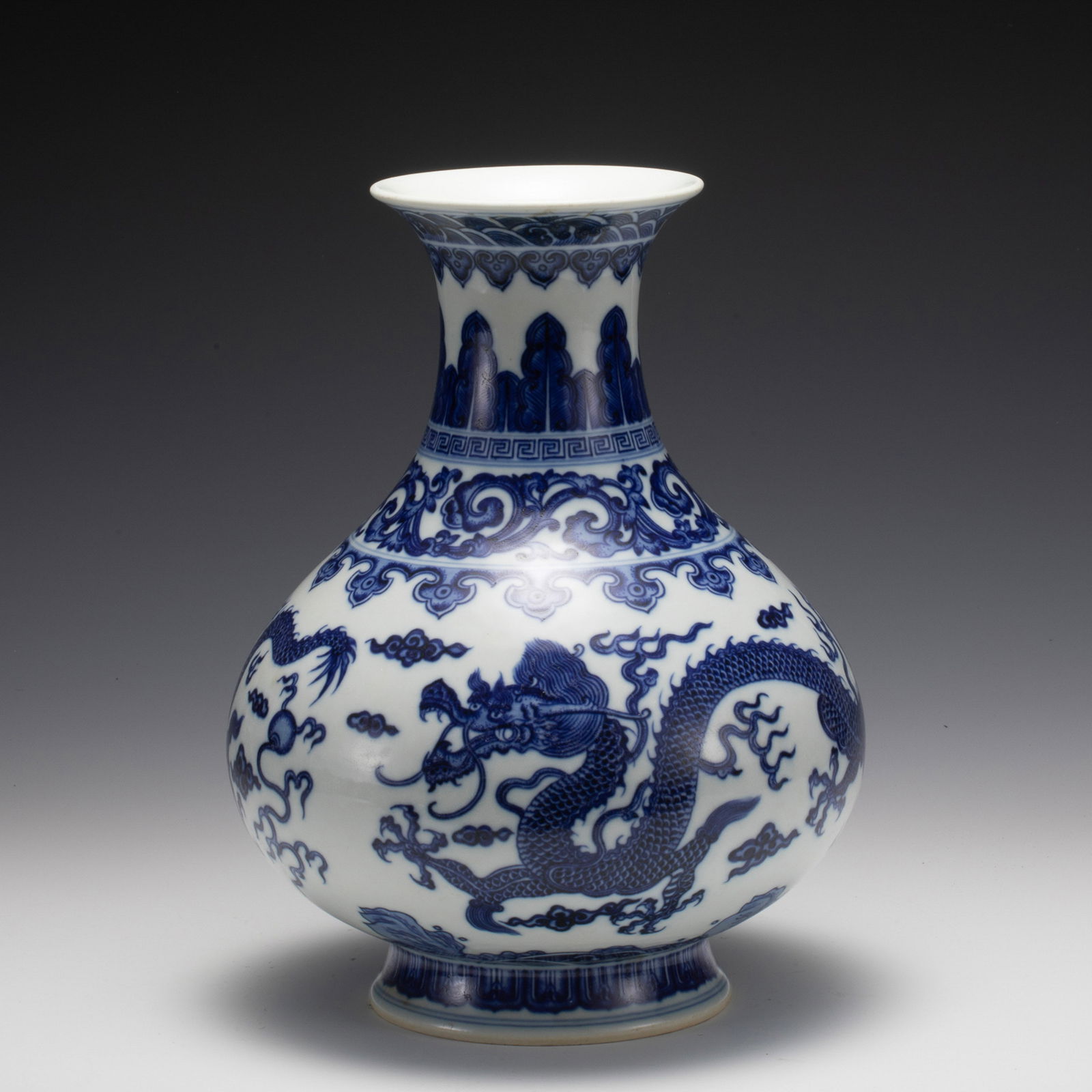 QING YONGZHENG BLUE DRAGON CELESTIAL VASE: Dimensions: Width: 22.8 cm x Heigth: 29.2 cm Chinese Qing Dynasty Yong Zheng Blue and White Dragon Porcelain celestial Vase. Potted in celestial shape vase, thick and tall, globular lower body,