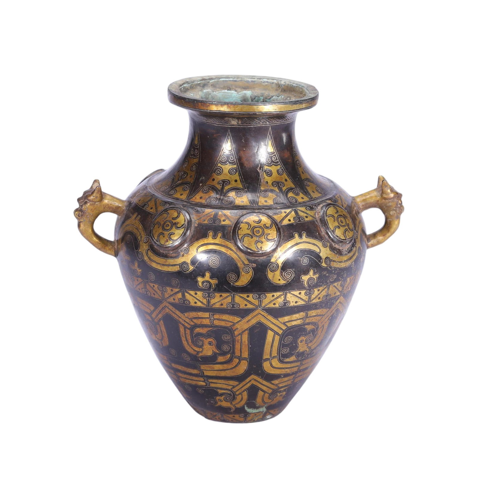 CHINESE BRONZE GOLD-SILVER INLAID AMPHORA: Dimensions: L. 15 cm. H. 15 cm. Weight 780 grams. This compact Chinese bronze amphora with twin handles measures 15 cm in length and height, weighing 780 grams, and is superbly decorated with gold inl