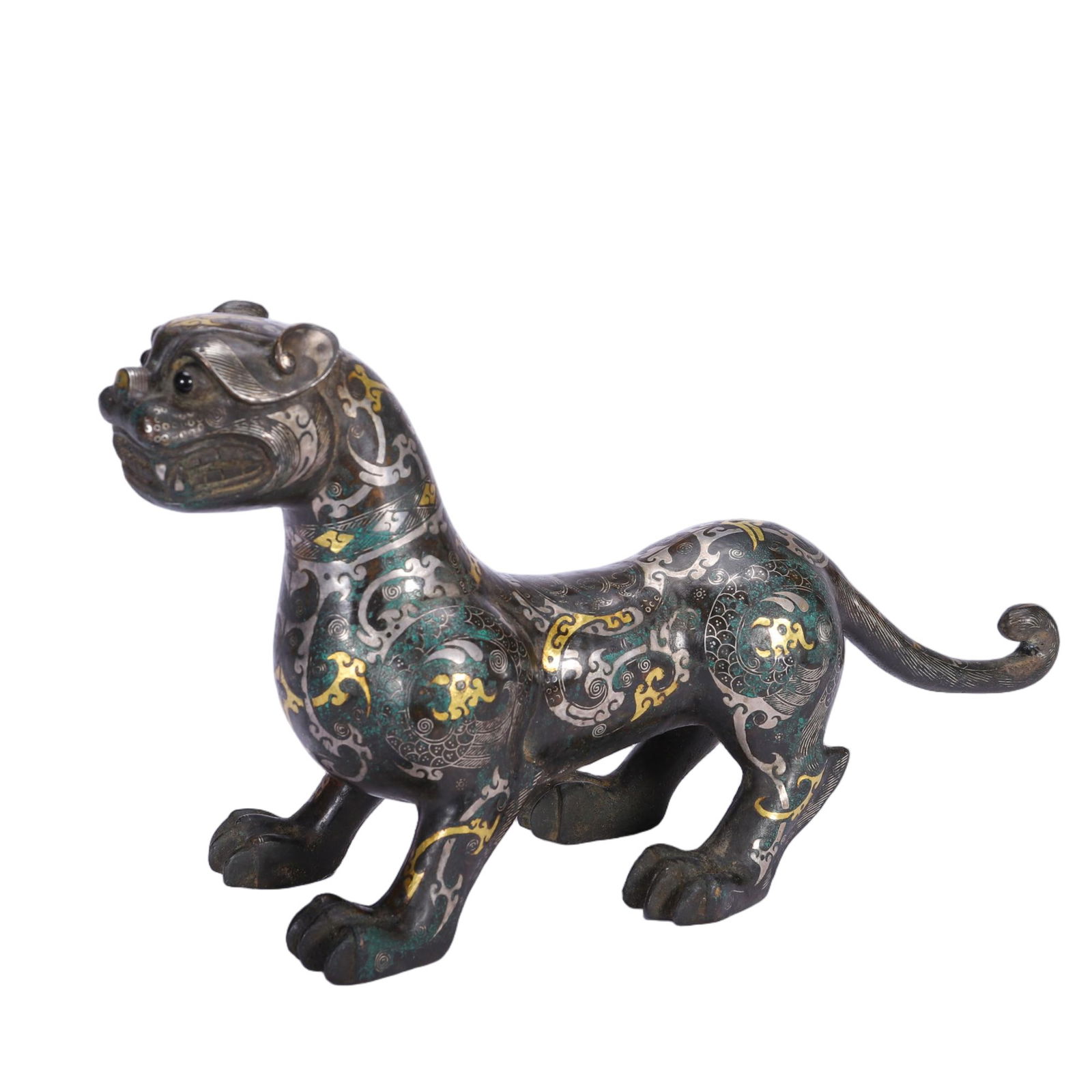 CHINESE BRONZE GOLD-SILVER INLAID AUSPICIOUS BEAST: Dimensions: L. 23 cm. H. 19 cm. Weight 2110 grams. This imposing Chinese bronze auspicious beast sculpture measures 23 cm in length, 19 cm in height, and weighs 2110 grams, showcasing exquisite gold a