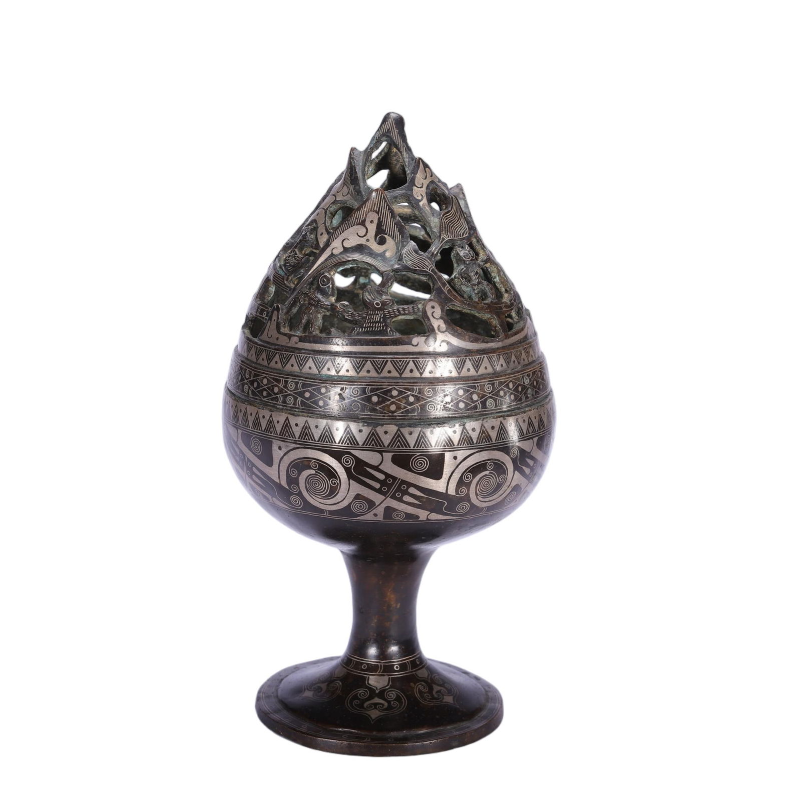 CHINESE BRONZE GOLD-SILVER INLAID BOSHAN CENSER: Dimensions: cm. H. 21 cm. Weight 1070 grams. This finely crafted Chinese bronze Boshan censer stands 21 cm high and weighs 1070 grams, featuring elaborate gold and silver inlay work throughout its bod