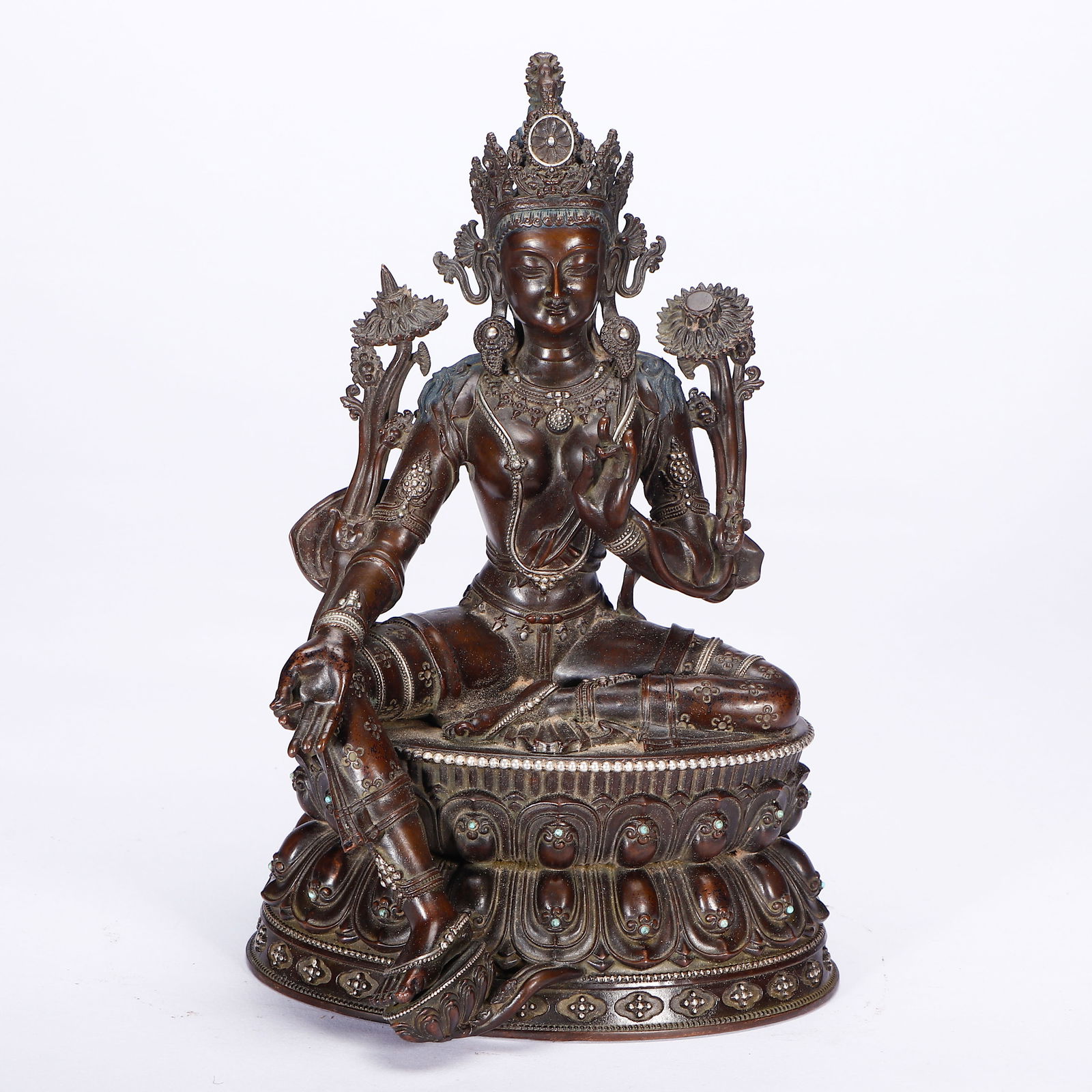 CHINESE BRONZE SILVER INLAY TARA STATUE (1 of 9)