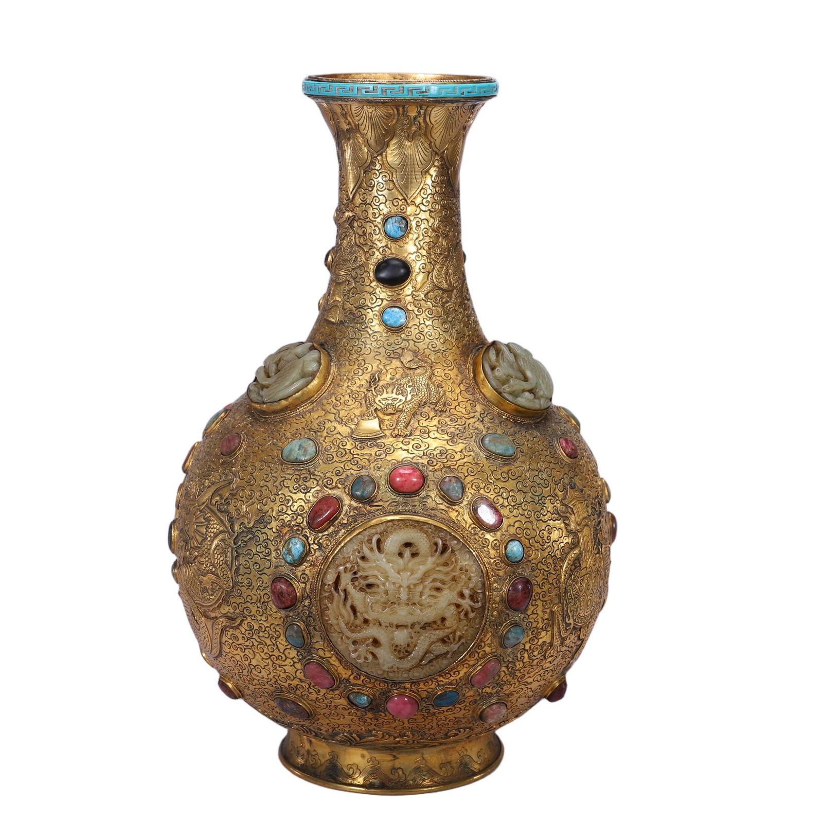 CHINESE GILT BRONZE VASE: Dimensions: L. 23 cm. W. 23 cm. H. 37.5 cm. Weight 3510 grams. This imposing Chinese gilt bronze vase features a globular body with inlaid decorative elements and a flared neck, raised on a stepped ba
