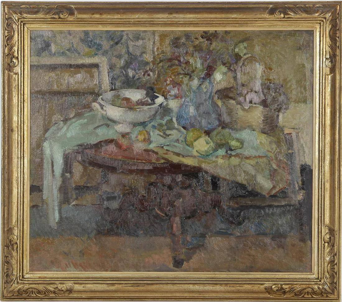 Painting of Hessel de Boer: Hessel de Boer (1921-2003) Interieur metÂ attributen op tafel, doek 60x70 cm