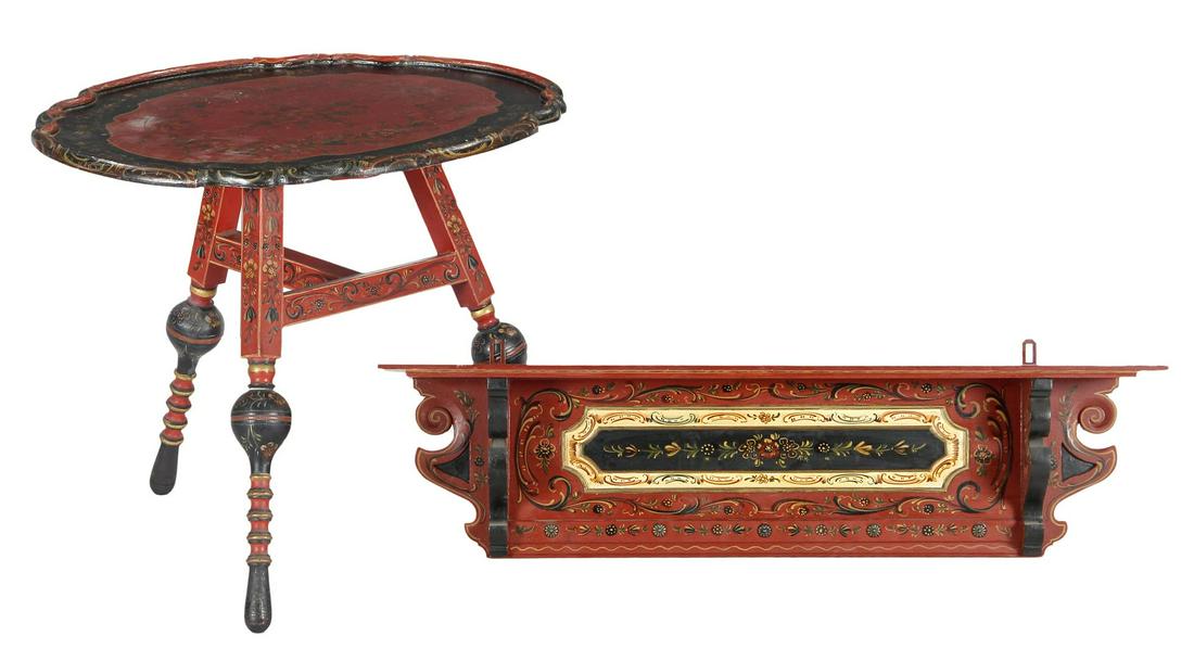 Hindeloopen coffee table standing on truss, 59 cm high: Hindeloopen coffee table standing on truss, 59 cm high and top size 76x58 cm and Hindeloopen coat rack with monogram R. H., 100 cm wide