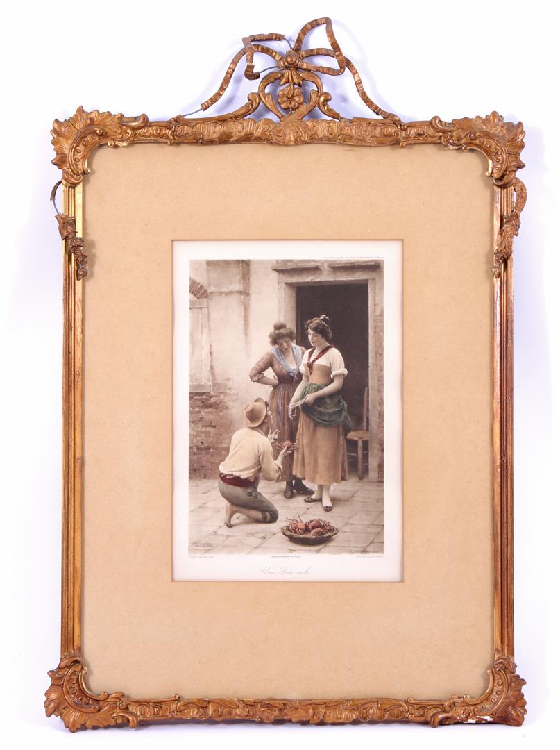Old color lithograph after a painting by Eugen van: Old color lithograph after a painting by Eugen van Blaas, Una Lira Sola, in a classic frame with bow 63x44 cm (pieces of flaw)